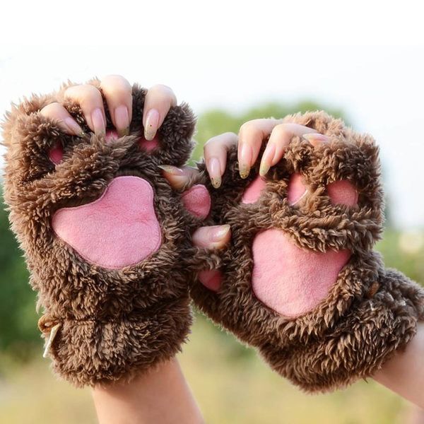 

1 pair winter women ladies girls lovely gloves plush warm mittens cute cat paw short fingerless half finger glove mu8669, Blue;gray