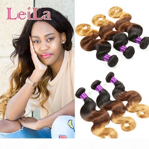 

peruvian human hair bundles ombre hair extensions body wave 95-100 g three tone 1b 4 27 hair products, Black;brown
