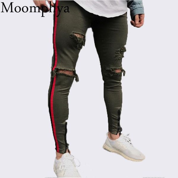 

moomphya 2020 new arrived men side red stripe biker jeans denim ripped holes slim supper skinny hip hop jeans men1, Blue