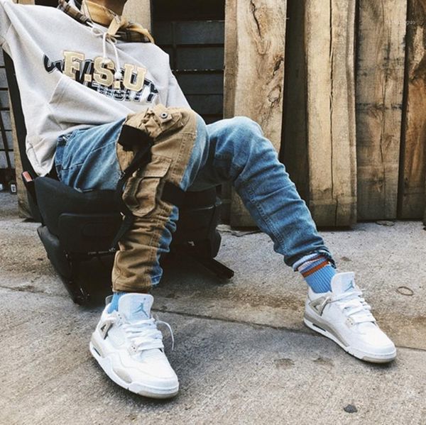 

2021 new fashion men washed pocket made streetwear slim pants biker jeans pockets styling hip hop streetwear pantalon hombre1, Blue