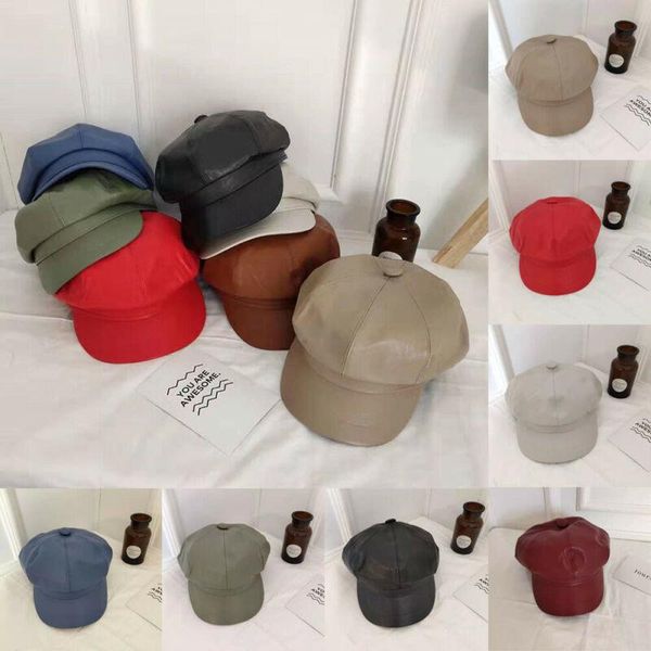 

2020 brand new fashion women's faux pu leather beret solid plain flat pu berets hats french style cap, Blue;gray