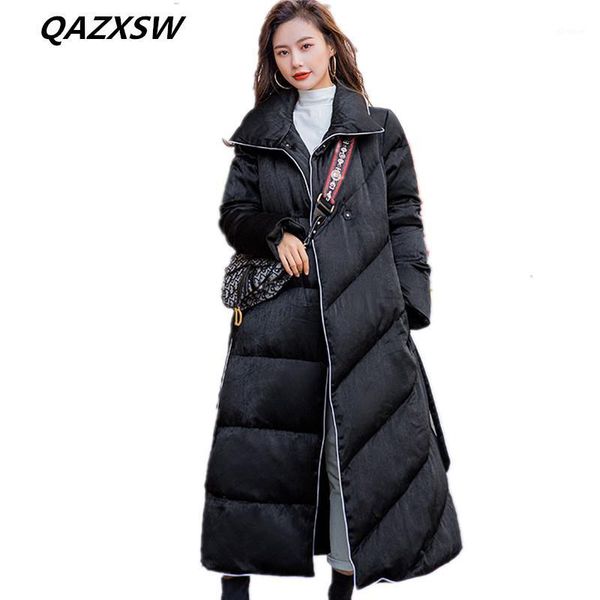 

2018 new women's winter down jacket long paragraph over the knee 100% white duck down thick warm loose belt fashion coat le4061, Black
