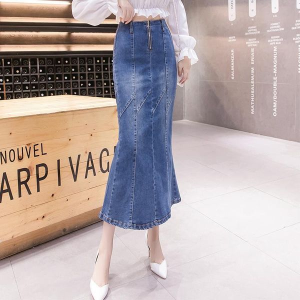 

new fish tail denim skirt women zipper empire high waist mid-calf mermaid trumpet skirt jeans faldas mujer moda 2019 b98695, Black