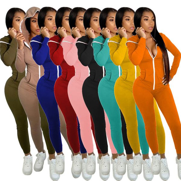 

solid color hooded jumpsuits womens designer long sleeve slim zipper rompers autumn skateboard women sports jumpsuit, Black;white