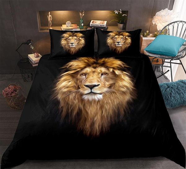 

lion pattern bedding set wild beast boys duvet cover set double microfiber gold animal black bedclothes king queen size