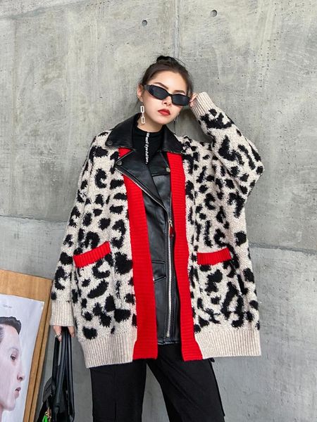 

superaen leopard-print sweater jacket 2020 new women's winter thick loose retro patchwork pu knitted cardigan, White
