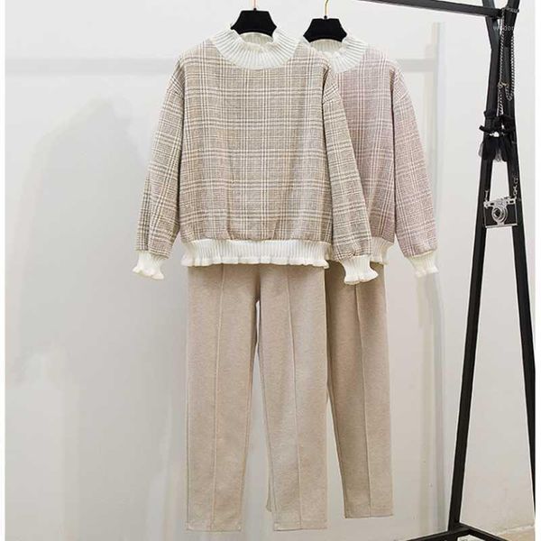 

2020 autumn elegant plaid thick female long sleeved pullover and harem woolen pant two piece winter casual clothing sets1, Gray