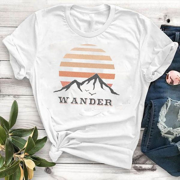 

women lady t shirt wander mountain printed tshirt ladies short sleeve loose tee shirt women female clothes graphic t shirt, White
