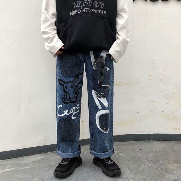 

jeans men and women wide legs ins tide brand high street loose straight trousers graffiti printed pickup card trousers drape pan1, Blue