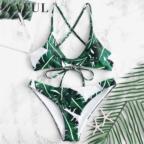 Zaful Bohemian Bikini Palm Folha Crisscross Bikini Set Low Waisted Swimgetti Spaghetti Swimwear Mulheres Push Up Bathing Suit T200508