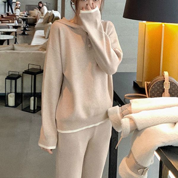 

2021 new women oversized two-piece clothes knitted or crocheted sweaters elastic waist leg loose pants spring sweater set bcsp, Gray
