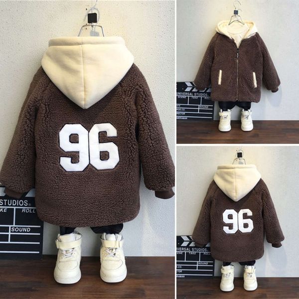 

small new middle coat children's autumn 2020 winter icelandic plush thickened medium and long hoodie, Black