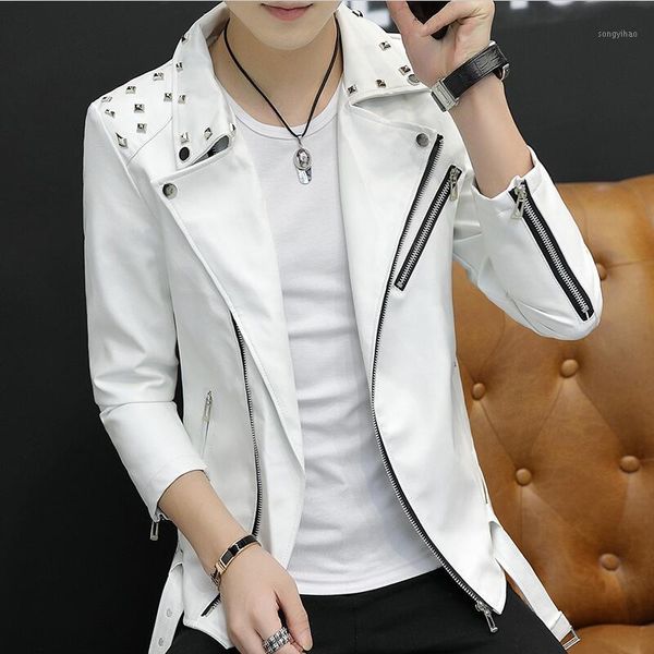 

spring and autumn men's leather clothing 2019 new white leather coat men short slim motorcycle jacket men outerwear1, Black