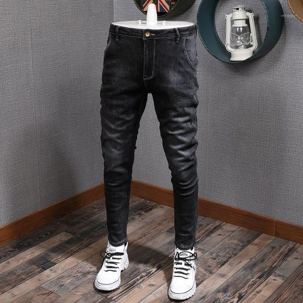 

korean style fashion men jeans black color elastic slim fit vintage designer jeans men printed spliced denim pencil pants hombre1, Blue