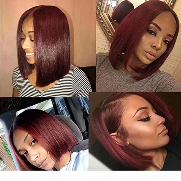 

99j burgundy full lace human hair wigs pre plucked straight remy hair peruvian lace front wigs short bob wig for women, Black;brown