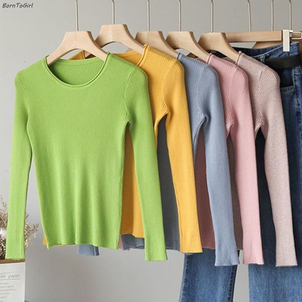 

2021 autumn winter slim sweaters women long sleeve round neck black white pink gray khaki green sweaters pullovers, White;black