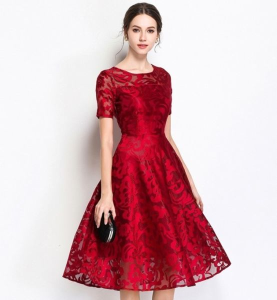 

2019 new for summer women in and slim medium length lace swing dress, Black;gray