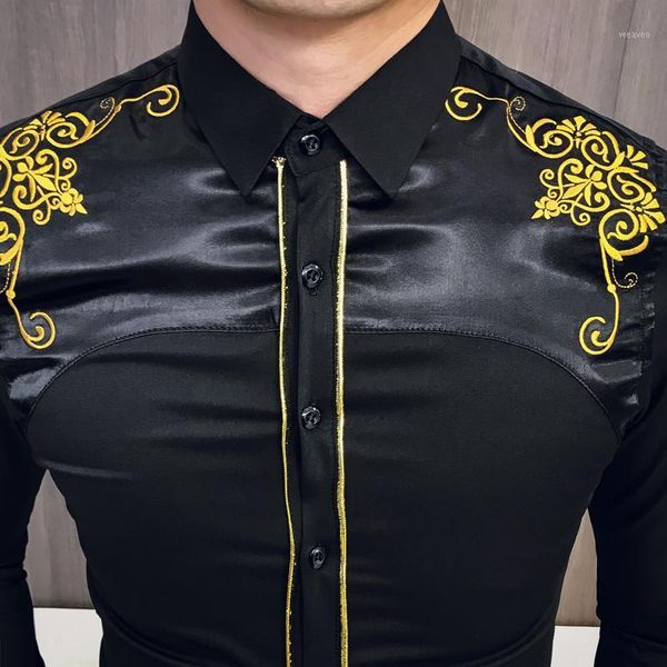 

luxury korean shirt men kemeja pria spring embroidered slim fit long sleeve shirt men social club prom camisa masculina1, White;black