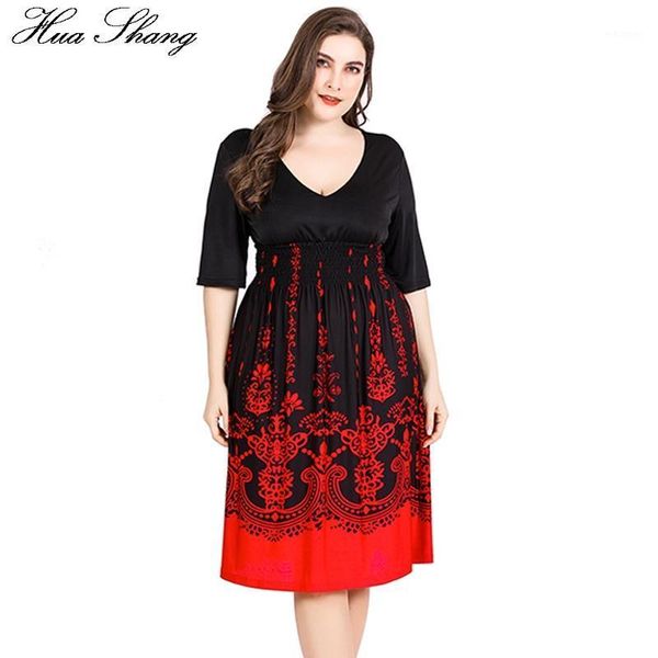 

women dresses plus size 5xl 6xl summer ladies v neck half sleeve high waist casual midi dress floral print tunic party dresses1, Black;gray