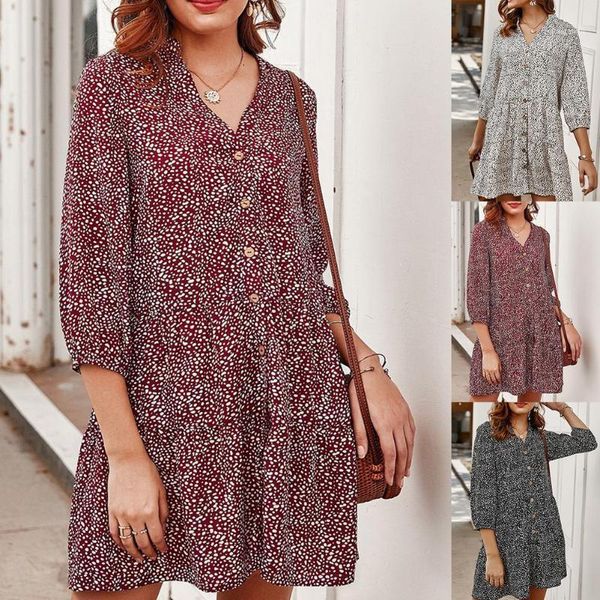 

women boho print v neck 3/4 sleeve button large swing a-line beach mini dress women summer beach dress casual sundress vestidos1, Black;gray