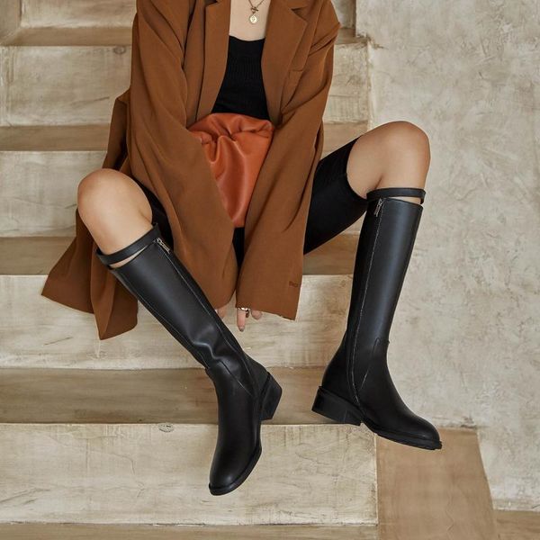 

boots winter riding women's shoes genuine leather keep warm equestrian elegant zipper party knee-high, Black