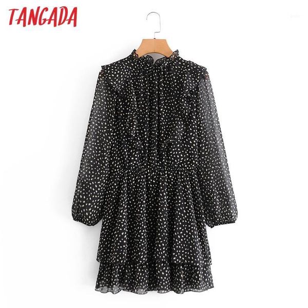 

tangada fashion women print black chiffon dress vintage ruffles long sleeve ladies tunic mini dress vestidos 3a721, Black;gray