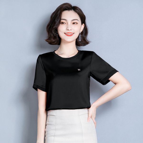 

ханчжоу шелк топ женщин короткого рукава топ silkt футболка silk2020 корейской свободно атласной шею простой чистого цвета шелковица футболк, White