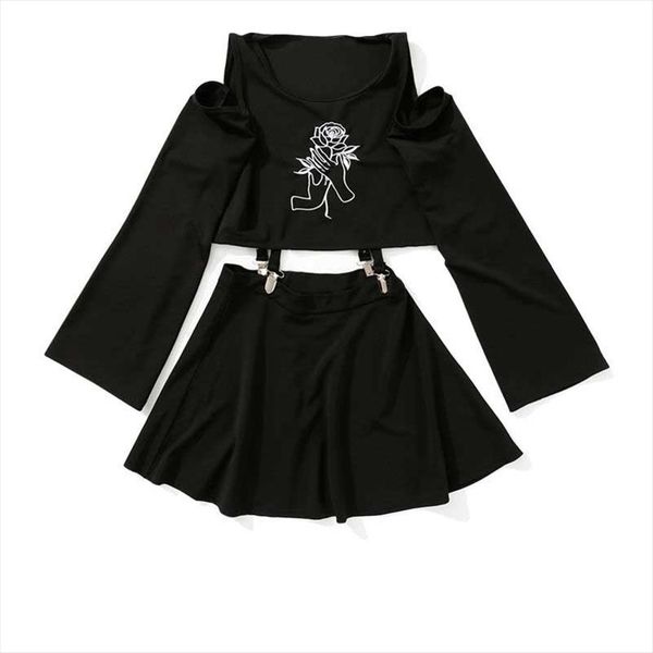 

nicemix harajuku womens dress handheld rose embroidery black short mini a line punk style dress female sets 2021 new two pieces, Gray