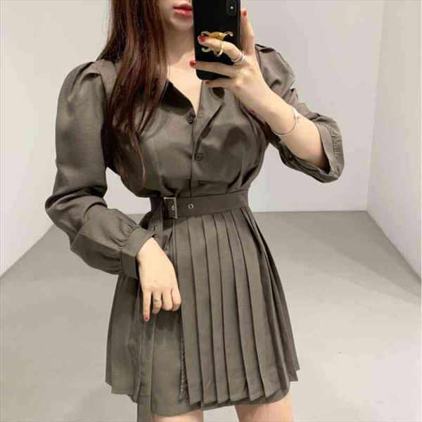 

[ewq] high waist pleated skirts women suit autumn chic two piece set single breasted blouse black summer trendy clothing, Gray