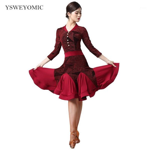 

women dance wear ballroom 2020 latin dress samba costume party dresses sheer mesh stretchy one-piece latin dress rose1, Black;red