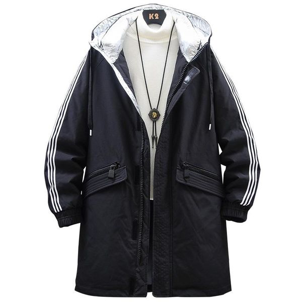 

long style 90% white duck down jacket men women winter warm long sleeve coats zipper pockets hooded down jackets men clothing, Black