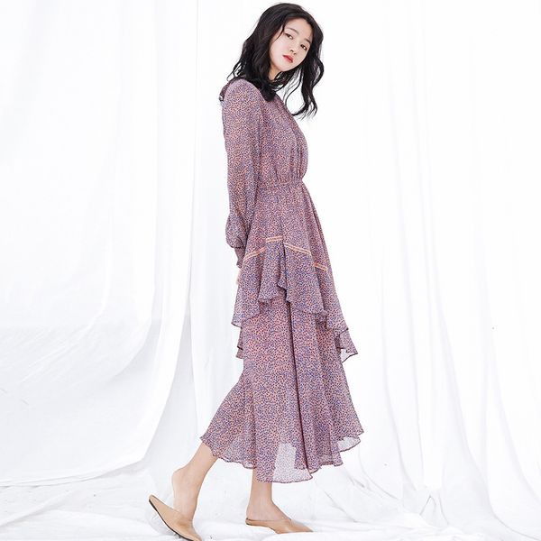 

2021 new printed sleeve plain round collar chiffon dress spring and autumn female floral elastic flounces waistline k7w1, Black;gray