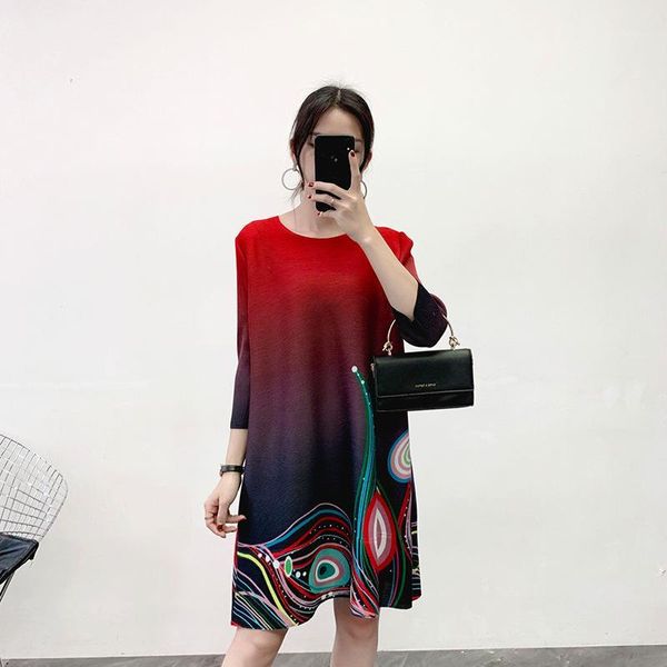 

casual dresses gradient color pleated print women fashion a-line three quarter sleeves knee-length maxi dress plus size loose dresses1, Black;gray
