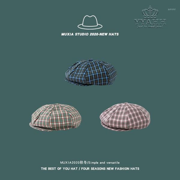 

hat children's korean version of fashion and leisure college square lattice beret1, Blue;gray