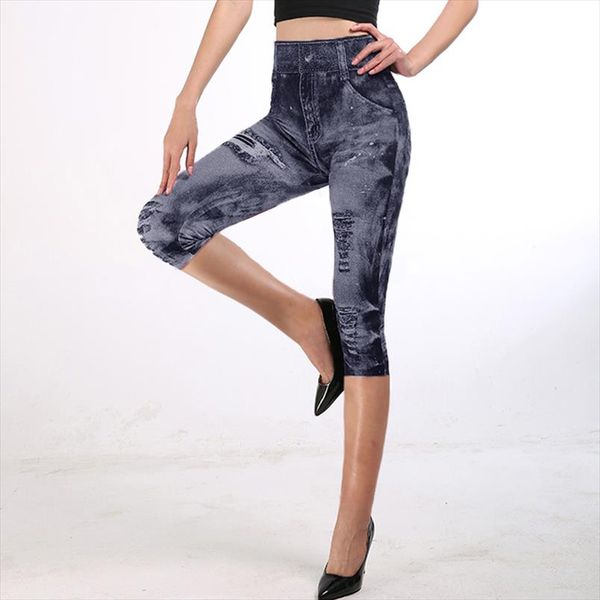 

fitness 3 4 lady faux jean pants women high waist capri super elastic slim jeggings plus size 3xl short leggings 2020, Black