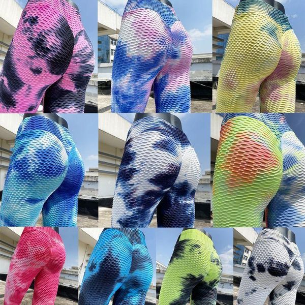 

yoga outfits womens neon tie-dye leggings ruched bulifting push up sports tight pants a2uf1, White;red