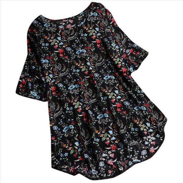 

floral print women blouse casual plus size loose linen short sleeve o neck button shirt blouse dames shirt ladies blouses, White