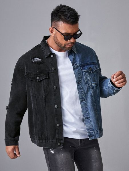 

men two tone ripped flap pocket denim jacket g2cd#, Blue