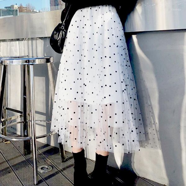 

mesh skirts women 2020 summer high waist dots print elegant lace saia midi vintage female mid-calf faldas mujer woman midi skirt1, Black