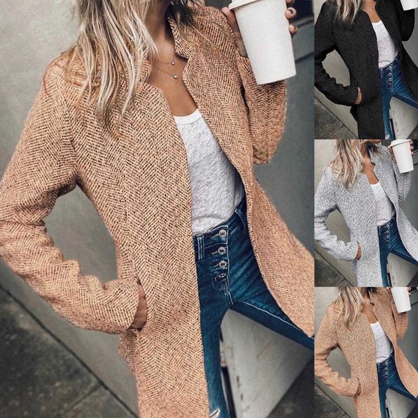 

2020 women's plush autumn winter women stand collar long sleeve thick slim coat outwear mid-length jackets, Black;brown