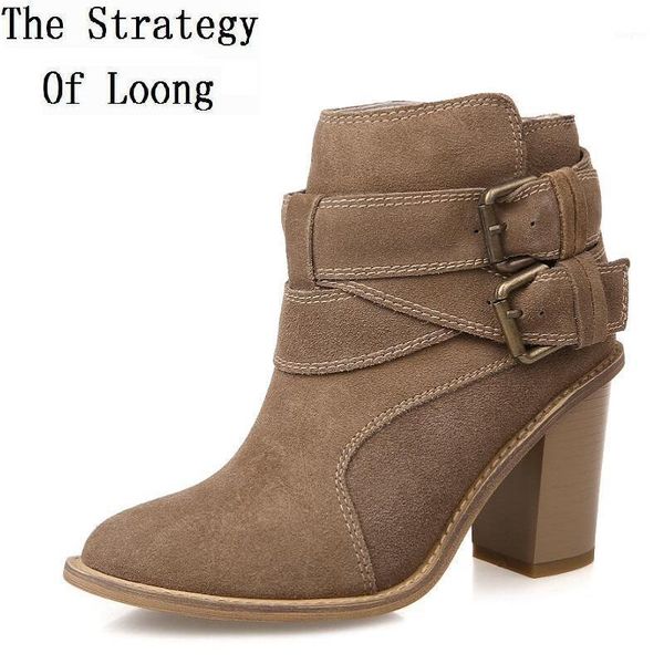 

boots women geauine leather buckle high heels winter pointed toe pumps short plush thick warm lady ankle 202101041, Black
