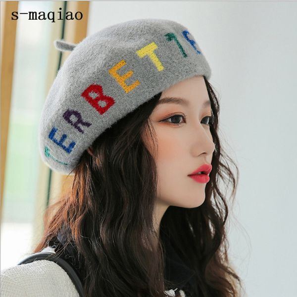 

new winter women's french style letter wool knitted beret hats women fashion warm painter berets hat female beanies cap 201026, Blue;gray