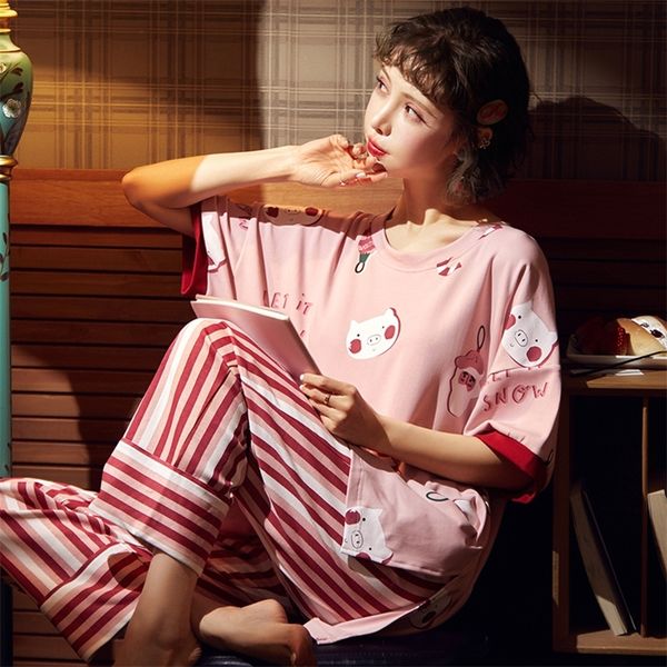 

new arrivals women home wear 2020 summer short sleeved women pajamas set long pant pyjamas sets cotton leisure sleepwear y200708, Black;red