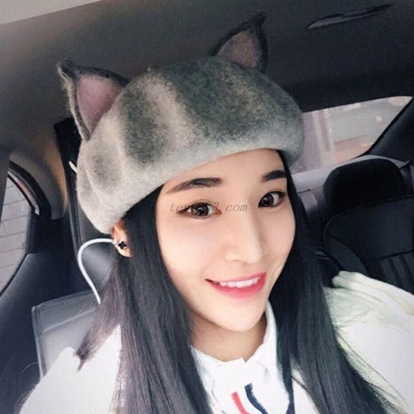 

women girls retro beret cap cute 3d cat pointed ears faux felt painter hat, Blue;gray