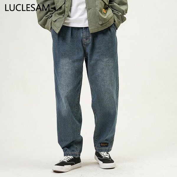 

mens patchwork straight jeans designer denim pants wide leg trousers casual japan style streetwear jeans for men1, Blue