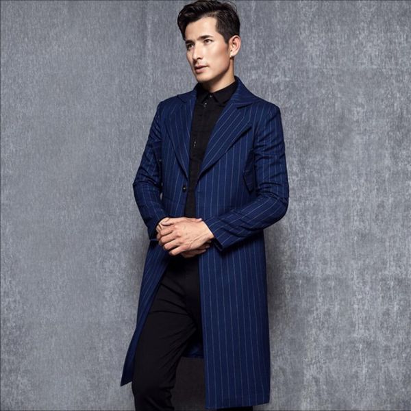 

2020 new spring -4xl british wind trench coat handsome blue men stripes long suit single jacket breasted windbreabrea l53l, Tan;black