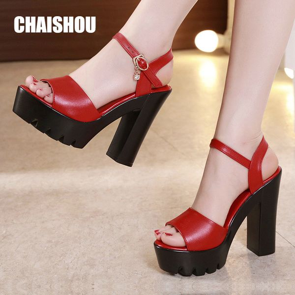 

big size 35-43 2019 ankle strap heels women sandals summer shoes women open toe chunky high heels party dress sandals cs-451 y200702, Black