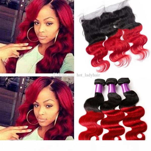 

ombre red virgin indian hair bundles with lace frontal closure body wave wavy 1b red ombre human hair weaves with 13x4 full frontal, Black;brown