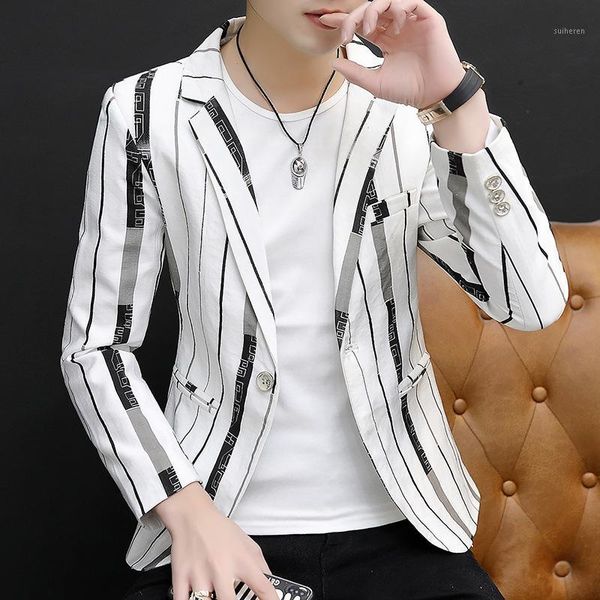 

2020 men's slim-fit handsome casual striped single suit youth fashion printed single button thin blazer1, White;black