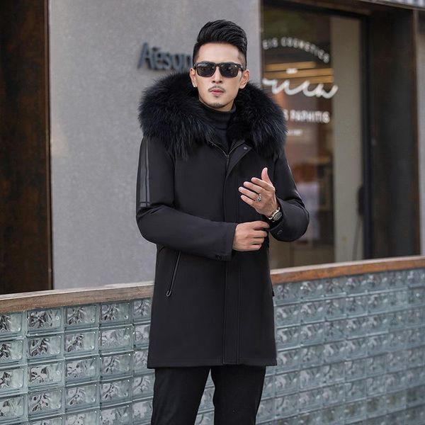 

men's leather & faux 2021 parka male raccoon dog fur liner detachable large collar heining coat, Black